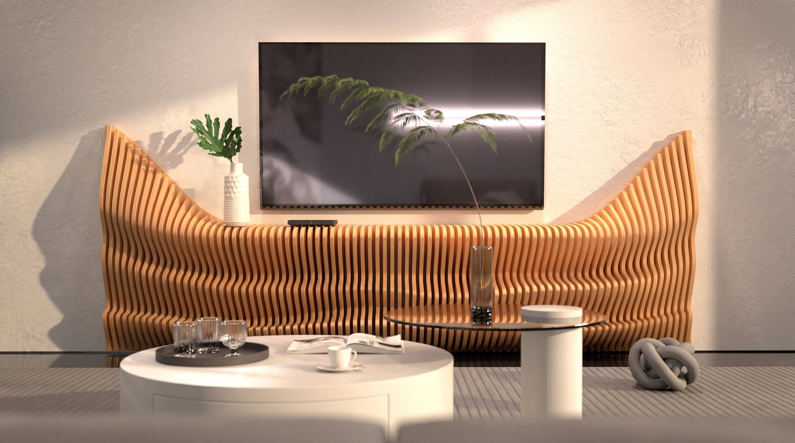 Parametric console beneath a wall-mounted screen